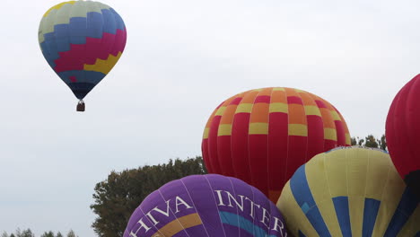 Colorido-Globo-Aerostático-Flota-Hacia-Arriba-Mientras-Otros-Globos-Se-Preparan-Para-El-Despegue