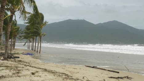 Fuerte-Viento-En-Los-árboles-Y-Olas-ásperas-En-La-Playa,-Tormenta-Tropical-Entrante-En-La-Costa-De-Vietnam