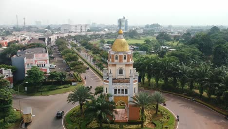 Aerial-drone-shot-of-Ayuntamiento-Tugu-Monument-in-Paramount-Land-Gading-Serpong-BSD