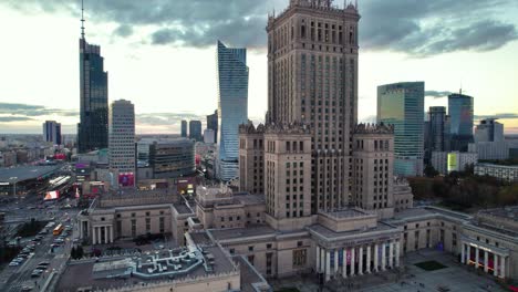 Slow-reveal-upwards-from-the-Palace-of-Culture-and-Science-in-Warszawa-city-centre-at-dawn