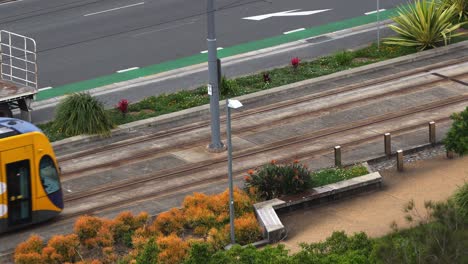 Establishing-shot-from-above-capturing-glink-translink-urban-public-transportation,-tram-running-on-tramway-along-gold-coast-highway-towards-downtown-city-central-from-Broadbeach-South-station