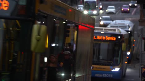 Row-of-buses-showing-not-in-service-during-peak-hours-at-downtown-Brisbane-city-central-business-district,-public-transportation-disruption-concerning-issue-in-Queensland,-Australia