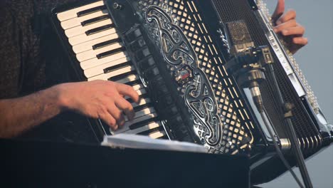 Accordionist-at-a-concert,-theater-scene,-accordion,-flat-plane-closeup