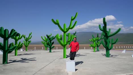 Un-Hombre-Corriendo-En-Un-Jardín-De-Cactus-Falso-Y-Salta-Al-Final,-Se-Ve-Muy-Feliz-Y-Emocionado-En-Cámara-Lenta