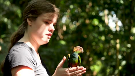 Loro-Verde,-Loro-Conure-De-Garganta-Azul-Sentado-En-La-Mano-Humana-Y-El-Loro-Volador-Libre-De-La-Cabeza-Sentado-Sentado-En-El-Loro-Volador-Humano-Libre-Jugando-Con-Una-Niña