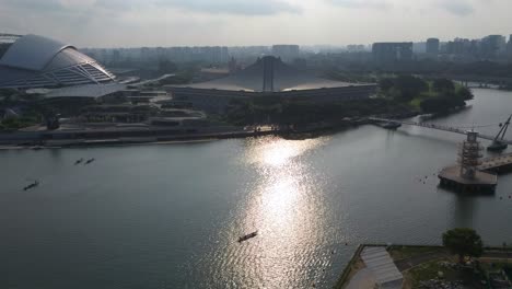 Aerial-drone-shot-of-Singapore-Indoor-Stadium-during-sunrise