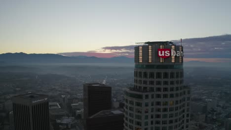 Beautiful-aerial-shot-of-US-Bank-during-twilight-hours-in-downtown-Los-Angeles