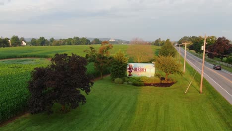 Drone-shot-at-a-distance-along-busy-road,-Welcome-to-Sweetest-Place-on-Earth-billboard