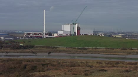 Aerial-dolly-shot-of-K3-Kemsley-Power-station-under-construction-in-Sittingbourne,-Kent