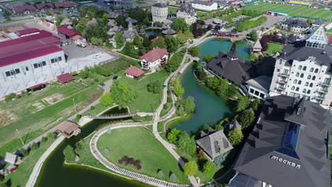 Drone-aerial-flyover-of-Stanisici-ehtno-village-resort-and-hotel,-Bosnia