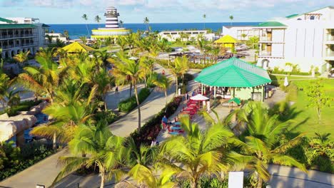 Panoramic-of-the-facilities-of-Ocean-the-lighthouse-resort-in-punta-cana,-shot-with-drone