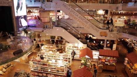 Eataly-modern-food-store-in-Milan-Italy-inside-main-gallery,-wide-shot-with-few-people-panning