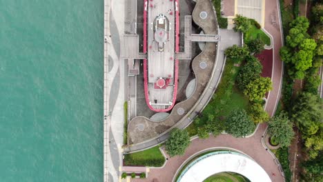 Hong-Kong-waterfront-decommissioned-Fireboat-museum-and-exhibition-gallery-named-after-Alexander-Grantham,-Aerial-view