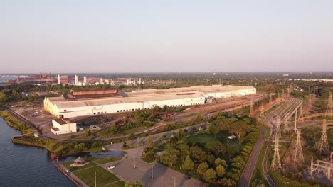 US-Steel-Company-At-The-Riverbank-Of-Rouge-River-In-Detroit,-Michigan---wide-aerial-shot