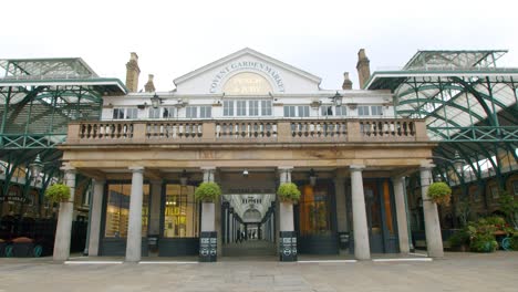 Lockdown-in-London,-gimbal-reveal-of-empty-Covent-Garden-Punch-and-Judy-bar-with-social-distancing-signs,-during-the-Coronavirus-pandemic-2020