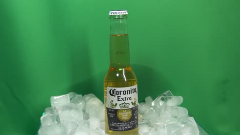 2-2-Corona-Extra-Bierglas-Kleine-Flasche-200-Ml-Im-Gekühlten-Eimerkühler-Vereist-Um-180-Grad-Im-Kreis-Vor-Einem-Grünen-Bildschirm-Drehend,-Um-Ein-Kühles,-Erfrischendes-Und-Unterhaltsames-Erlebnis-Zu-Genießen