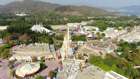 Disneyland-Hong-Kong-empty-and-closed-for-visitors-due-to-covid19-lockdown-guidelines,-Aerial-view