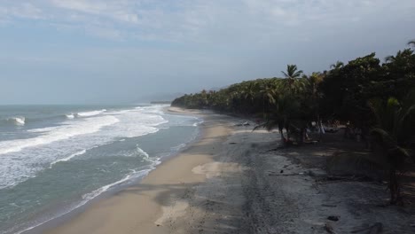 Aerial-flies-over-head-of-woman-alone-on-long-expansive-jungle-beach