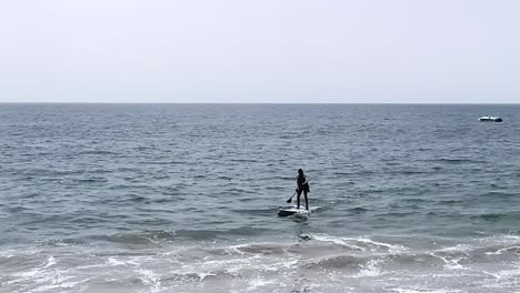 Paddle-Boarder-En-Solitario-En-El-Océano-Remando-Hasta-La-Orilla,-Costa-Del-Pacífico,-Malibu,-California