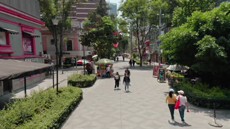 Dolly-Aéreo-Fuera-De-Gran-Angular-Por-Encima-De-La-Plaza-Pública-En-La-Ciudad-De-La-Condesa-En-El-Día