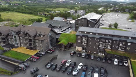 Orbit-around-exterior-of-Vestlia-resort-and-hotel---Aerial-Geilo-Norway-during-summer