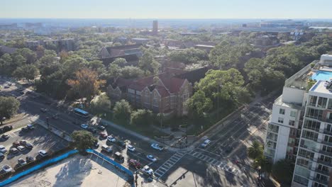 Aerial-view-of-the-Entrance-Gate-to-the-University-of-Florida,-USA---tracking,-drone-shot