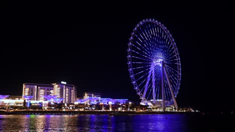 Lichtshow-Auf-Ain-Dubai-Bei-Nacht,-Höchstes-Riesenrad-Der-Welt-Auf-Blauwasserinsel