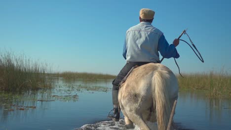 Hombre-Rural-Monta-Caballo-Blanco-A-Través-Del-Estuario-Con-Fusta,-Cámara-Lenta