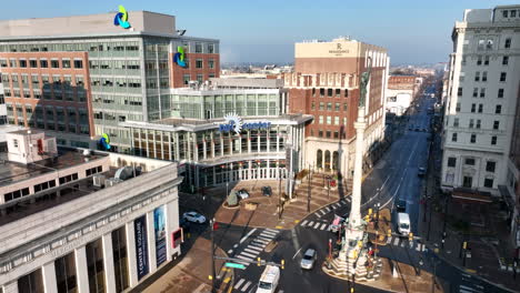 Aerial-past-PPL-Center-sport-arena-and-Marriot-Renaissance-hotel-in-downtown-Allentown,-PA,-USA