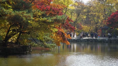 People-in-masks-walking-by-Chundangji-pond,-Changgyeonggung-Palace,-Seoul-South-Korea