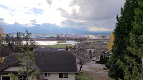 A-devastating-scene-of-the-aftermath-and-damage-caused-by-recent-flooding-to-the-outlying-residential-areas-of-Abbotsford,-Low-Lying-areas-completely-submerged-in-water,-British-Columbia,-Canada