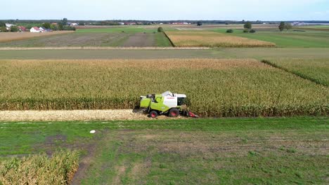 4K-Aerial-slow-motion-shot-of-corn-being-harvested-by-big-combine-harvester-at-noon-on-agricultural-fields-in-Bavaria,-Germany