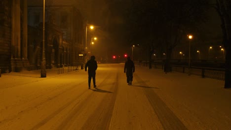 Two-men-walk-down-post-apocalyptic-looking-street-during-snow-storm