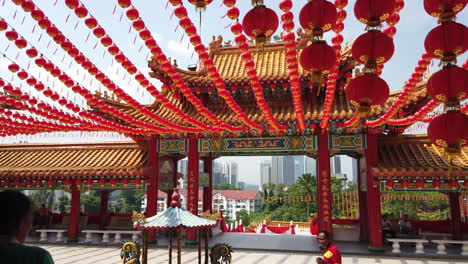 Colourful-Chinese-paper-lanterns-hanging-in-the-courtyard-of-Thean-Hou-Temple,-Kuala-Lumpur,-Malaysia