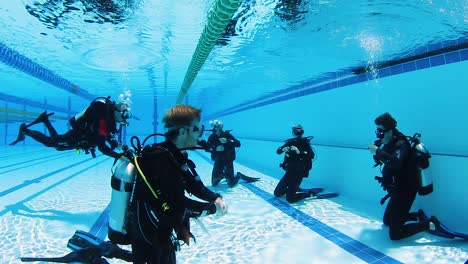 Un-Grupo-De-Estudiantes-De-Buceo-Aprendiendo-Procedimientos-De-Seguridad-Durante-Una-Lección-De-Buceo