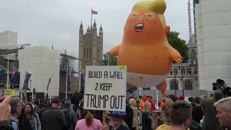 Adult-female-protester-with-placard-against-President-Donald-Trump-with-baby-trump-balloon-in-the-background-in-Parliament-Square-Garden-on-4th-June-2019