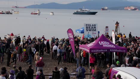 Various-drone-shots-at-English-Bay-near-downtown-Vancouver,-BC-during-Polar-Bear-2019-event