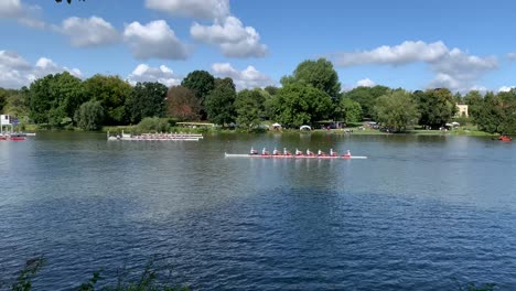 Mens-Teams-Row-In-Kayak-During-The-Competition-on-a-beautiful-day,-Münster,-Germany