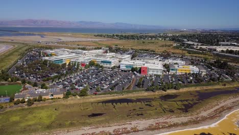 Aerial-of-facebook-headquarters-in-Menlo-Park,-San-Francisco-Bay-area,-california,-USA,-Aug-2019