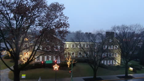 Pennsylvania-small-town-in-Christmas-decoration,-nativity-scene-in-the-streets-and-illuminated-vintage-buildings