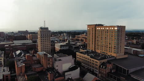 Aerial-shot-above-Lancaster-Pennsylvania-showing-sheets-of-rain-quickly-approaching