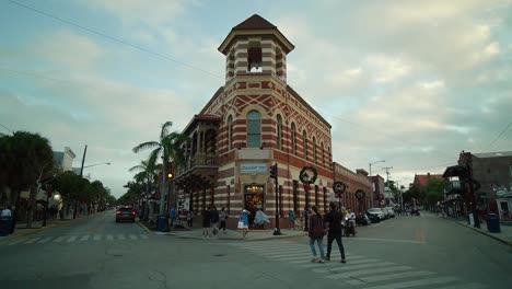 Busy-Key-West-Intersection-At-Duval-and-Front-Street-Near-Cruise-Ship-Dock-Pan-Down