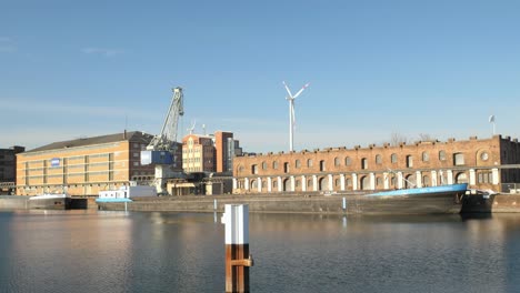 Cargo-Ship-at-the-Rhein-River-Port-in-Karlsruhe,-Germany