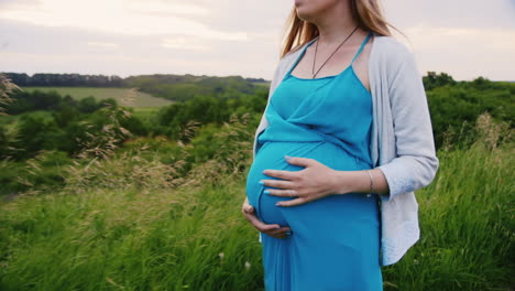 Mujer-Embarazada-Camina-En-Un-Prado-Verde