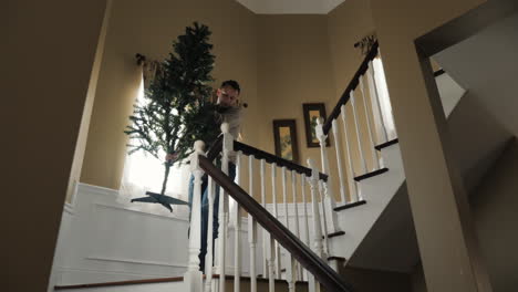 Man-Carries-A-Christmas-Tree-Downstairs