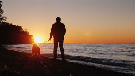 Mann-Geht-Bei-Sonnenuntergang-Mit-Dem-Hund-Am-See-Spazieren