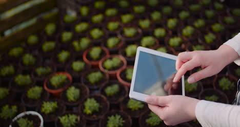 Female-Botanist-Using-Digital-Tablet-While-Examining-Plants-At-Grenhouse-1