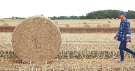 Smiling-Farmer-Rolling-Hay-Bale-And-Gesturing-In-Farm-2