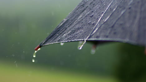 Nahaufnahme-Von-Regentropfen,-Die-Auf-Regenschirm-Fallen