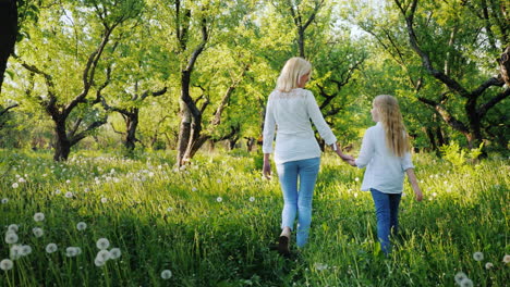 Mamá-E-Hija-Están-Caminando-En-El-Jardín-De-Manzanas-Disfrutando-Del-Cálido-Día-De-Primavera-4k-Video